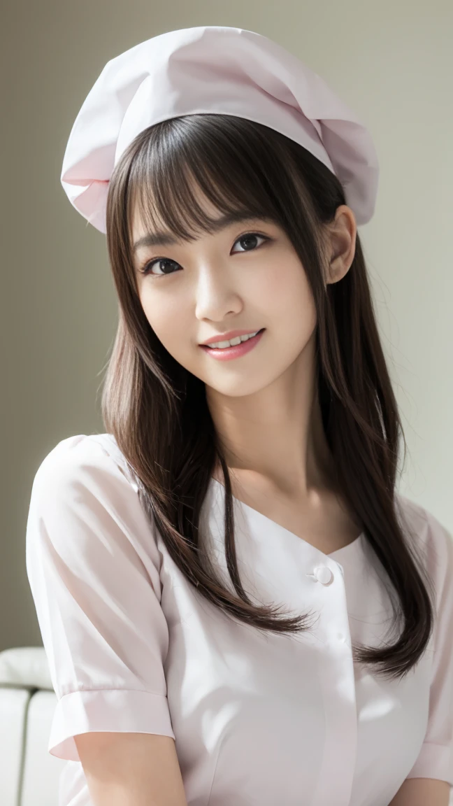 Highest quality、8k wallpaper、Reality:1.4、Cinema Lighting、View your viewers、background:An all-white room、1 beautiful girl、Japanese Idol、30 years old、Beautifully detailed eyes、Detailed face、Beautiful Skin、Slender、Slim waist、Thin legs、Light Hair、Japanese Nurse、Light pink nurse uniform、Light pink nurse cap、smile:1.5、Seductive pose