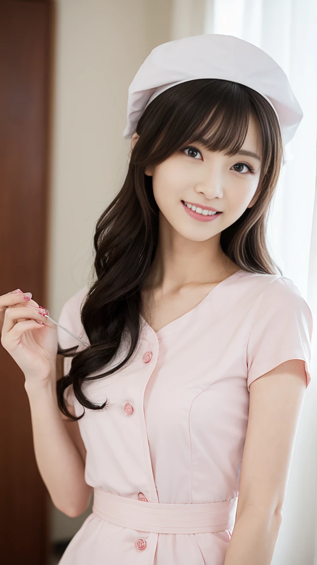 Highest quality、8k wallpaper、Reality:1.4、Cinema Lighting、View your viewers、background:An all-white room、1 beautiful girl、Japanese Idol、30 years old、Beautifully detailed eyes、Detailed face、Beautiful Skin、Slender、Slim waist、Thin legs、Light Hair、Japanese Nurse、Light pink nurse uniform、Light pink nurse cap、smile:1.5、Seductive pose