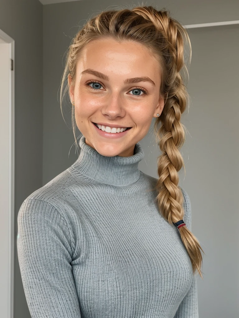photo of a skinny blonde submissive wife messy long hair thrown into a messy bun ponytail. She wears: (turtleneck high ribbed bright tight sweater:1.1), submissive seductive pose, high tight ribbed neck, seductive smile, perfect fake tits, turtleneck top, soaking wet clothes