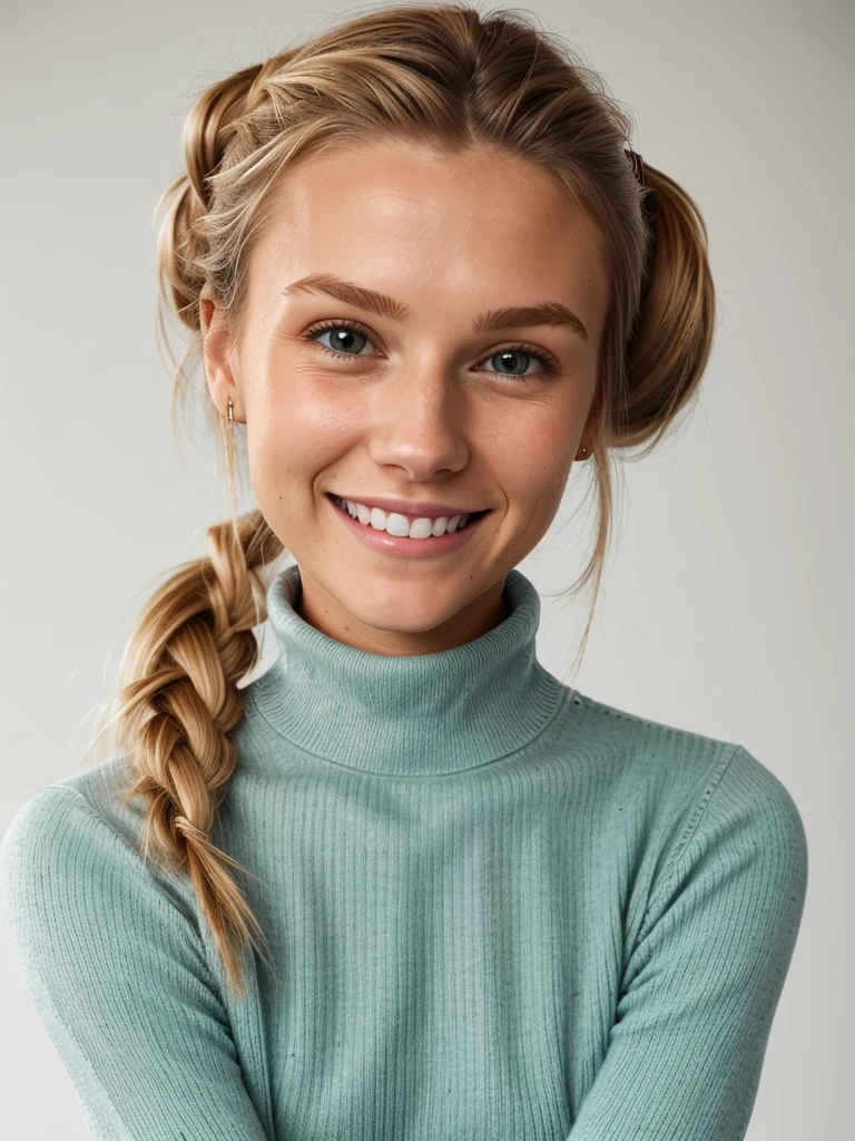 photo of a skinny blonde teen submissive wife messy long hair thrown into a messy bun ponytail. She wears: (turtleneck high ribbed bright tight sweater:1.1), submissive seductive pose, high tight ribbed neck, seductive smile, perfect fake tits, turtleneck top