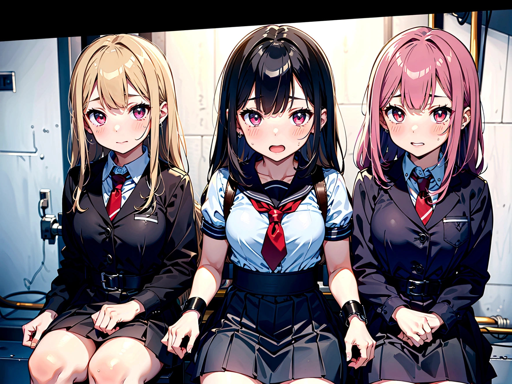 3 girls, (blushing, terrified, crying), tied to a chair, straped to chair, (tight clothing, short sleeve, mini-skirt, sailor uniform), (inside basement, underground), (wrist cuffs, ankle cuffs, wrists tied, ankles tied), perfect body, detailed face, detailed eyes, full body, image taken from afar