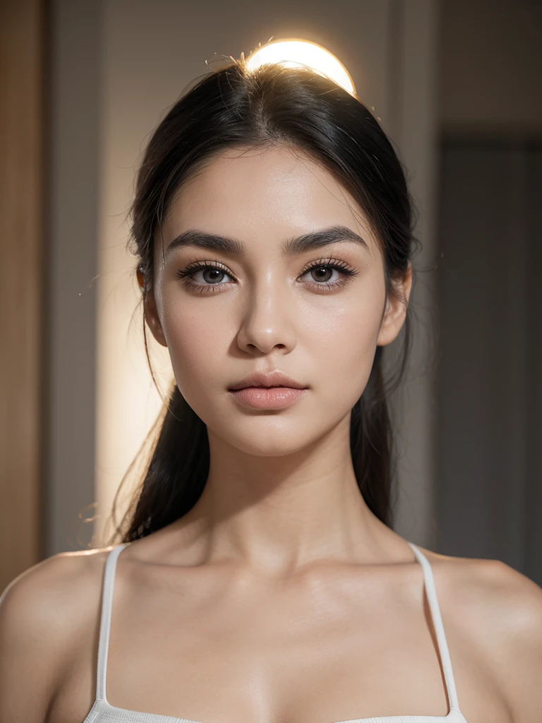 a young and attractive woman,blue gray mixture misty eyes,deep gaze,straight eyebrows,a straight nose,plump peach-toned lips (the lower lip is slightly thicker than the upper lip),a pronounced and strong jawline, high cheekbones, tufts of black hair surrounding a beautiful face,smooth white skin, a detailed face, the light of a huge moon in a dark sky