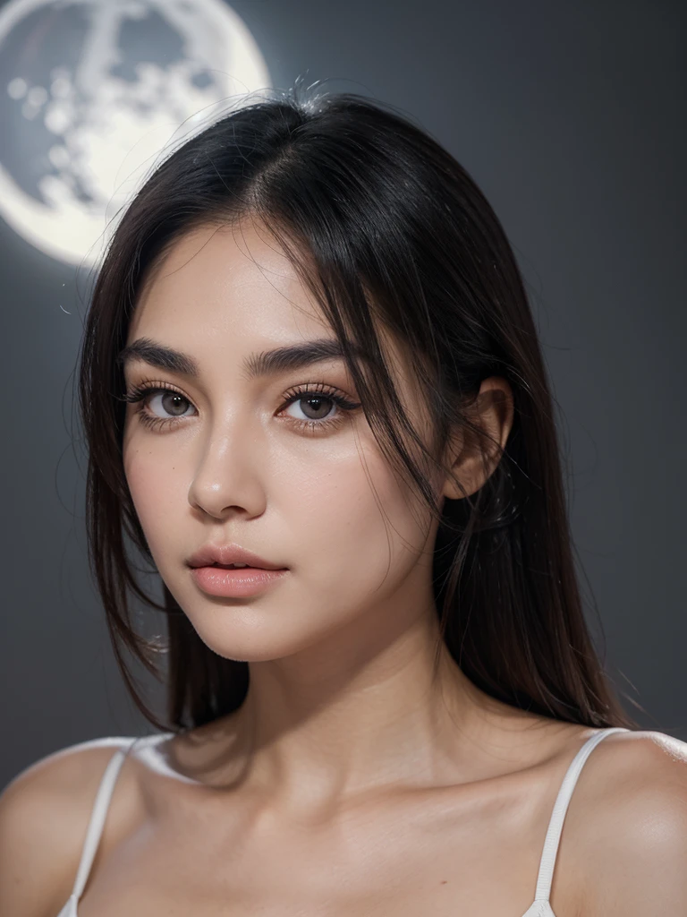 a young and attractive woman,blue gray mixture misty eyes,deep gaze,straight eyebrows,a straight nose,plump peach-toned lips (the lower lip is slightly thicker than the upper lip),a pronounced and strong jawline, high cheekbones, tufts of black hair surrounding a beautiful face,smooth white skin, a detailed face, the light of a huge moon in a dark sky