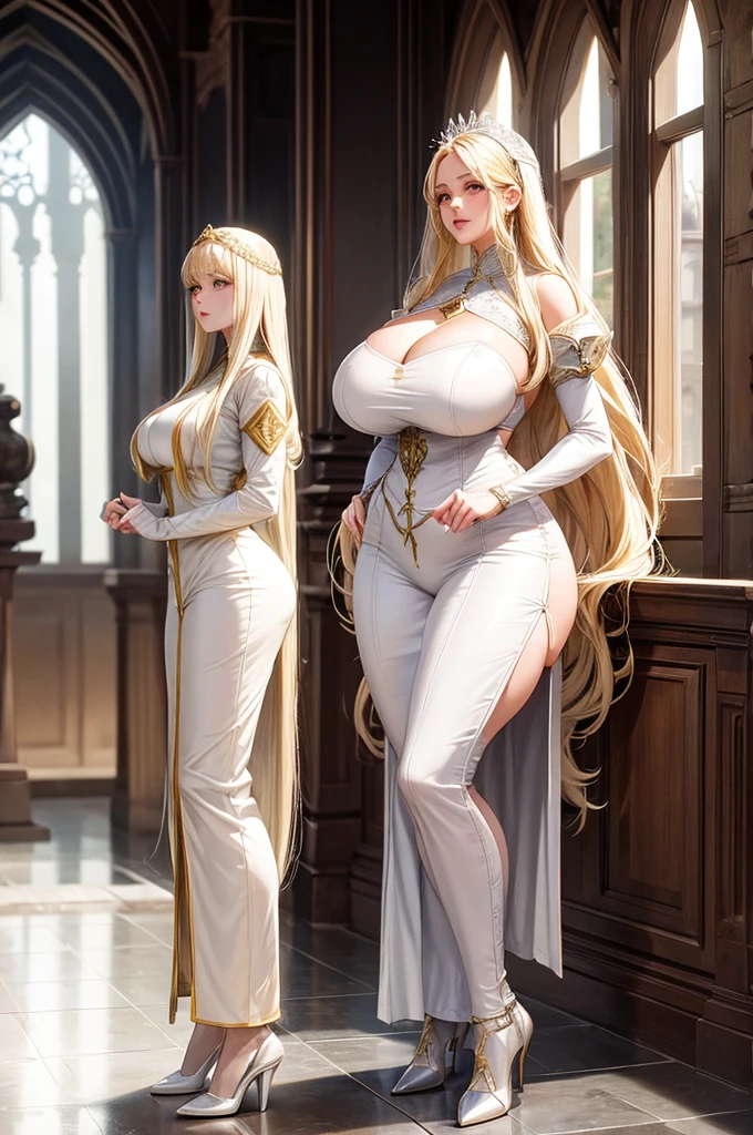A very tall and voluptuous human female, long and blonde hair, white outfit, medieval era