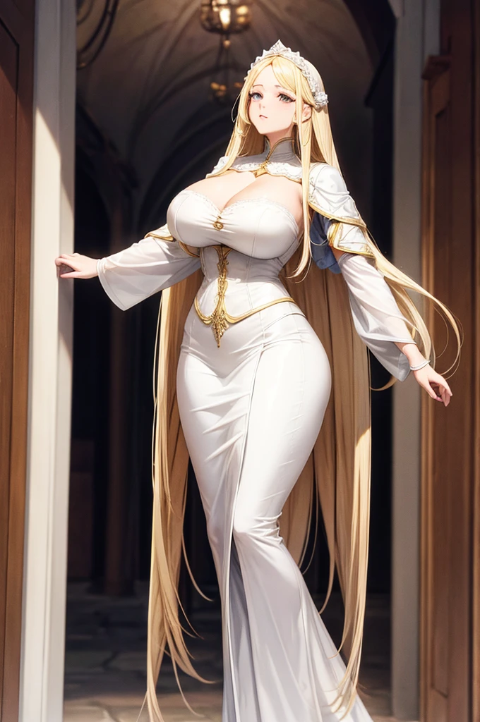 A very tall and voluptuous human female, long and blonde hair, white outfit, medieval era
