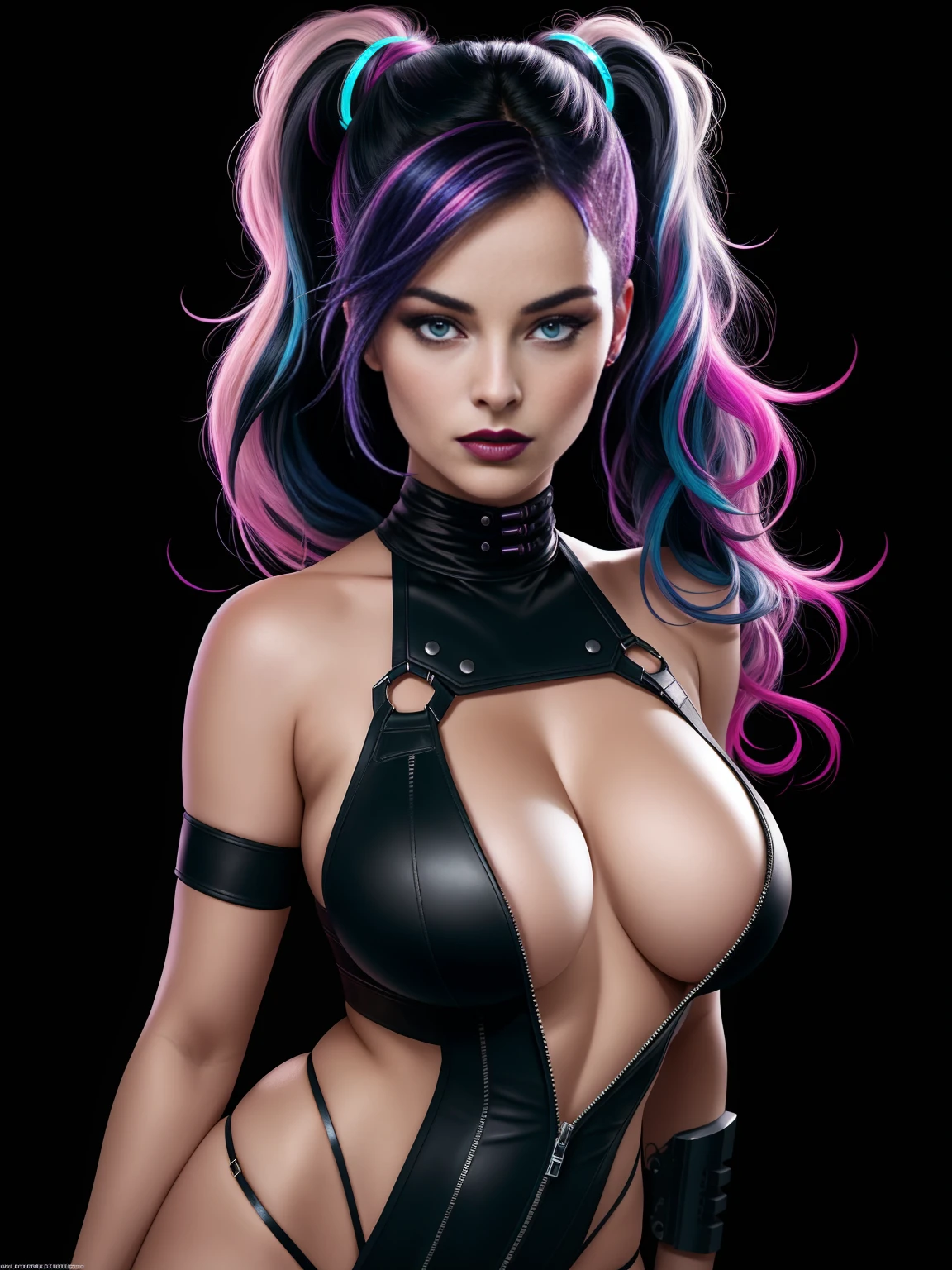 there is Margot Robbie, navy blue and bright purple neon streaked hair, hair in pony tail, 3 d neon art of a womans body, neon-noir background, cyberpunk femme fatale, seductive cyberpunk dark fantasy, cyberpunk strip clubs, cyberpunk 20 y. o model girl, oppai cyberpunk, banner, high definition cgsociety, cgsociety masterpiece, trending on cgstation, kda, random hair, looking at camera, gigantic breasts, cleavage, (high detailed skin:1.2), 8k uhd, dslr, super lighting, high quality, film grain, high res, highly detailed, hyper realistic, beautiful face, beautiful body, beautiful eyes nose lips, alluring expression, very bold, upper  visible, full body photo, standing legs apart, pale translucent glowing skin, most beautiful face, cute, (well defined pubic hair:1.2)), (dark plain black background:1.4))