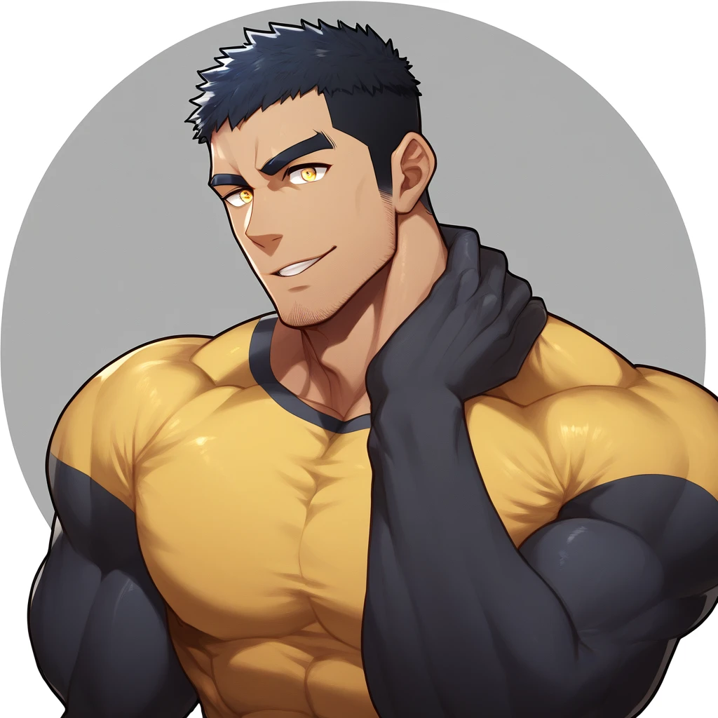 anime characters:Gyee, Muscle Sports Student, negro black skin, 1 muscular tough guy, Manliness, male focus, Light Yellow long sleeve tights, Very tight, The pectoral muscles are oversized, Slightly transparent, muscular male, muscular, only, Upper body, alone, Black short hair, Thick eyebrows, stubble, Yellow eyes, White background, simple background, amazing quality, best aesthetics, Ridiculous, bright pupils, crew cut, parted lips, seductive smile, torogao, naughty face, drop shadow, best quality