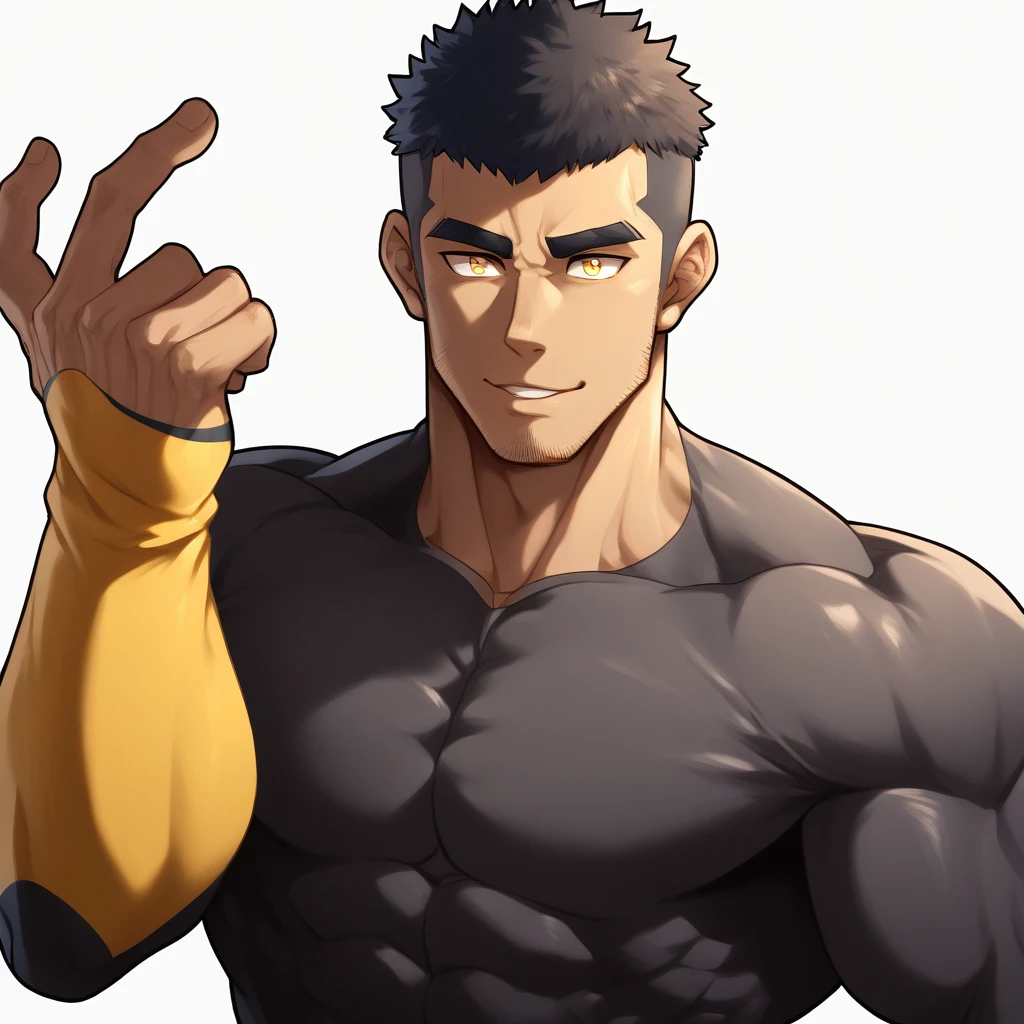 anime characters：Gyee, Muscle Sports Student, negro black skin, 1 muscular tough guy, Manliness, male focus, Light Yellow long sleeve tights, Very tight, The pectoral muscles are oversized, Slightly transparent, muscular male, muscular, only, Upper body, alone, Black short hair, Thick eyebrows, stubble, Yellow eyes, White background, simple background, amazing quality, best aesthetics, Ridiculous, bright pupils, crew cut, parted lips, seductive smile, torogao, naughty face, drop shadow, best quality