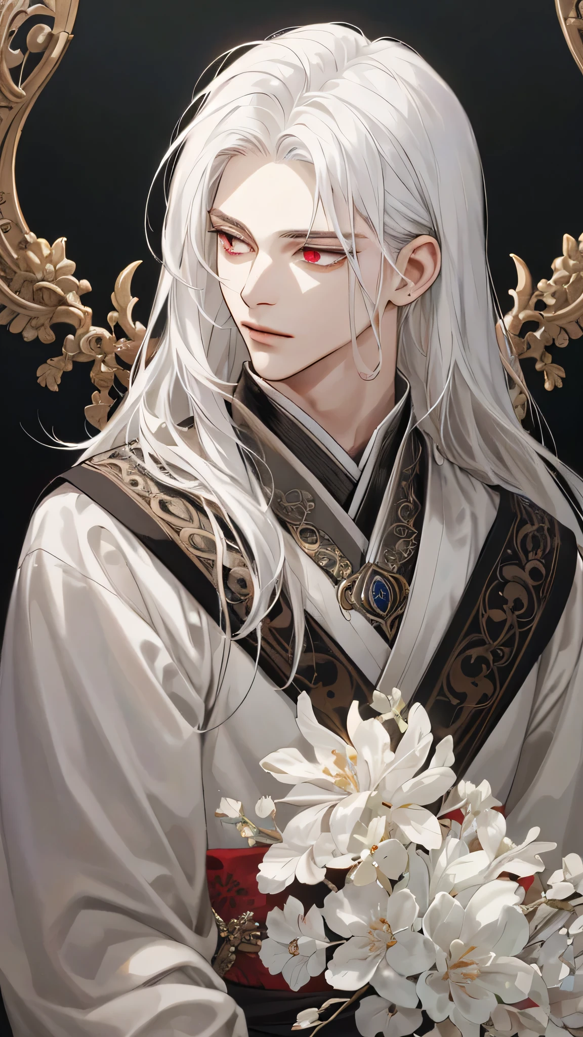 (extreamly delicate and beautiful:1.2), 8K,(шедевр:1.0),(best_quality:1.0), 1boy, and intricate detailing, Enlarged textures, and intricate detailing, finely eye and detailed face, and intricate detailing, shiraga, (closed mouths),long white hair, Perfect eyes, red eyes, Equal eyes, (A male god)