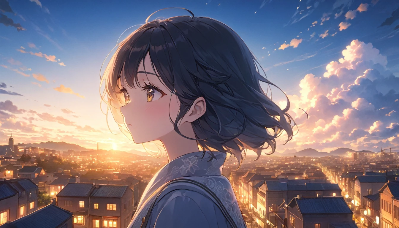 detailed anime girl in a peaceful urban city at dusk, fluffy clouds in the sky, serene atmosphere, soft lighting, warm colors, intricate details, 1girl, long eyelashes, photorealistic, 8k, highly detailed, masterpiece, cinematic lighting, dramatic lighting, vibrant colors, ethereal, dreamlike, tranquil, calming, relaxing