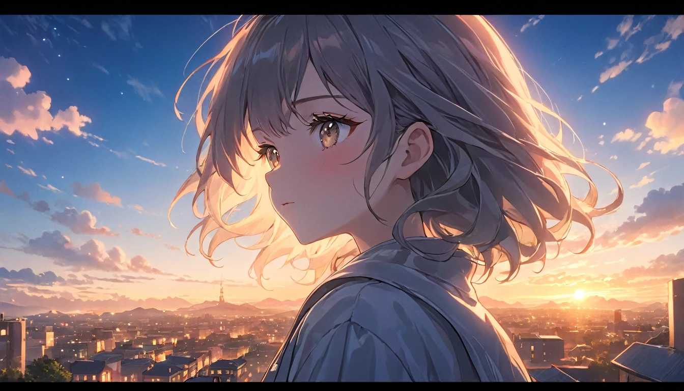 detailed anime girl in a peaceful urban city at dusk, fluffy clouds in the sky, serene atmosphere, soft lighting, warm colors, intricate details, 1girl, long eyelashes, photorealistic, 8k, highly detailed, masterpiece, cinematic lighting, dramatic lighting, vibrant colors, ethereal, dreamlike, tranquil, calming, relaxing