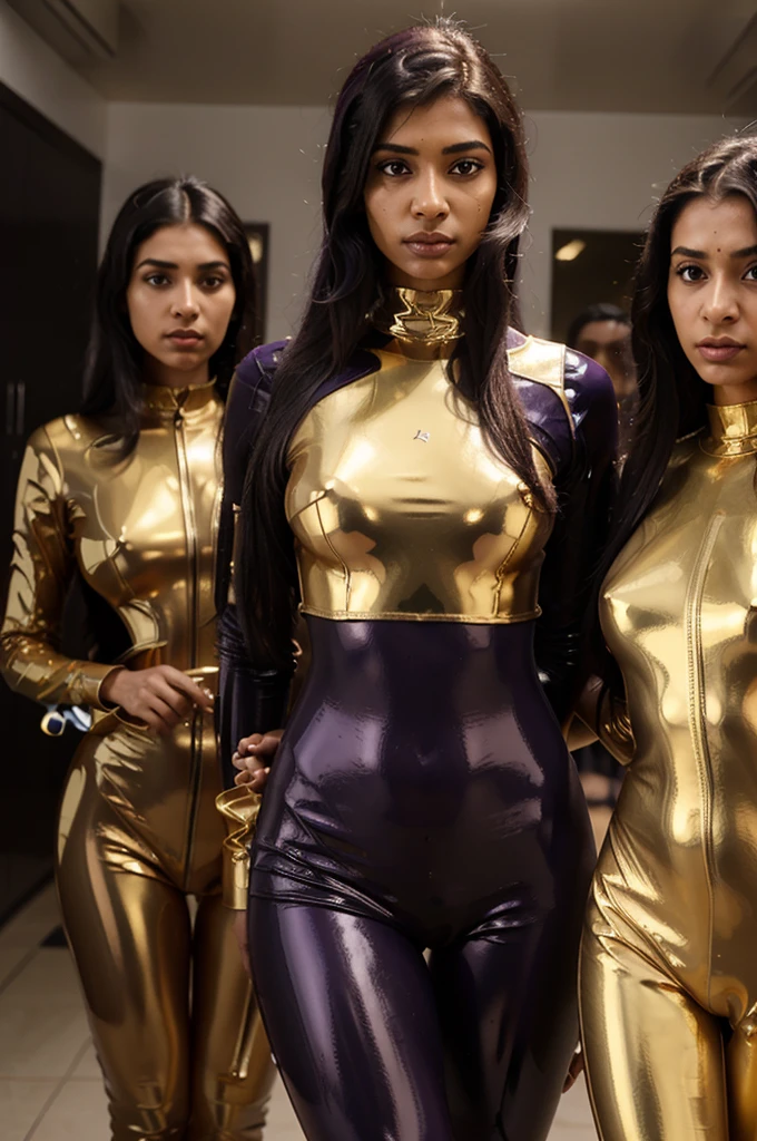 lineup of 5 indian girls, 5 congolese girls in latex bodysuits, (very young, adolescent), (black purple mullet, very small breasts, very skinny, nose ring), (gold latex bodysuit), (intimate camera, cinematic)
