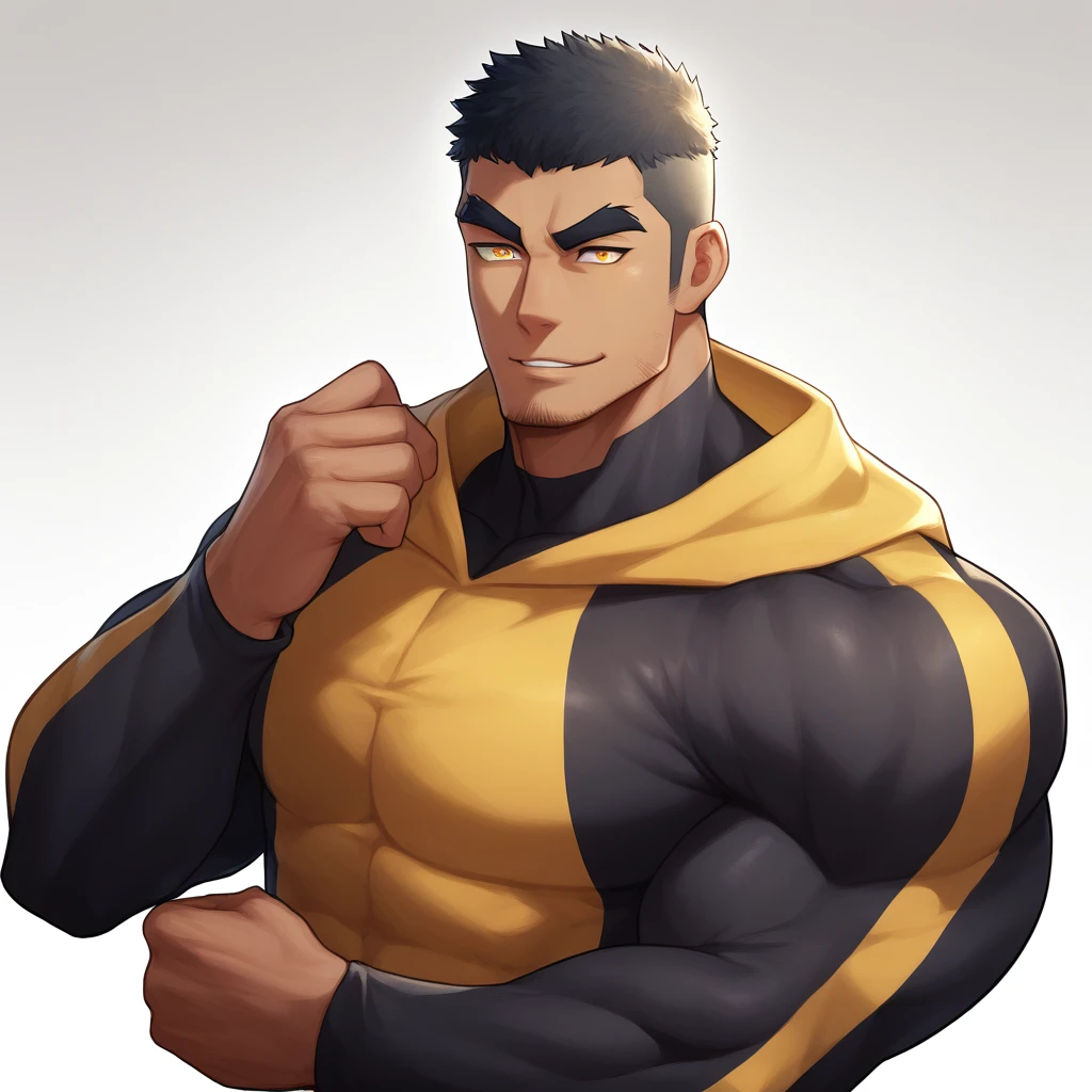 anime characters:Gyee, Muscle Sports Student, black skin, 1 muscular tough guy, Manliness, male focus, Light Yellow long sleeve tights, Very tight, The pectoral muscles are oversized, Slightly , muscular male, muscular, only, Upper body, alone, Black short hair, Thick eyebrows, stubble, Yellow eyes, White background, simple background, amazing quality, best aesthetics, Ridiculous, bright pupils, crew cut, parted lips, smile, torogao, naughty face, dbest quality