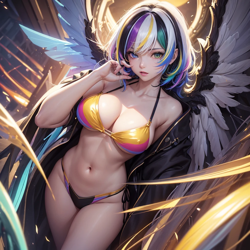 {{masterpiece}}, best quality, extremely detailed CG unity 8k wallpaper, cinematic lighting, lens flare, beautiful detail eyes, black,  side glance,  multicolor short white hair, colorful light, particles, heterochromia, (colorful:1.5), (colorful hair:1.5),  bikini, bikini armor, wings on back,