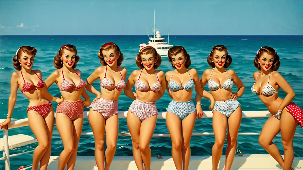35mm film photography low wide angle huge White yacht party in pin-up style in the blue sea sunny day luxury many brunette girls red green swimsuits with polka dots