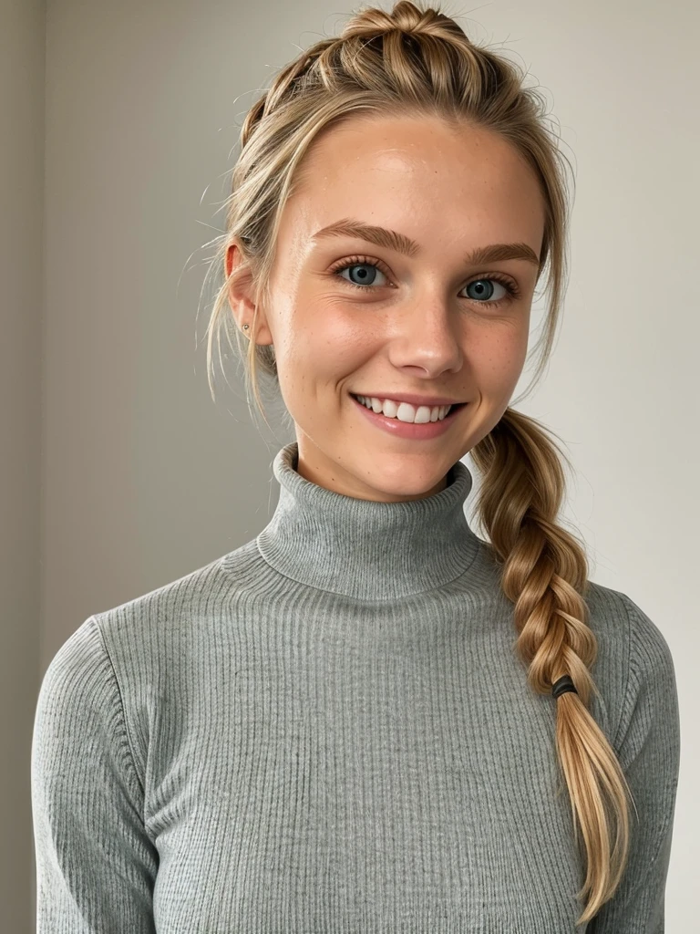 photo of a skinny blonde teen submissive wife messy long hair thrown into a messy bun ponytail. She wears: (turtleneck high ribbed bright tight sweater:1.1), submissive seductive pose, high tight ribbed neck, seductive smile, perfect fake tits, turtleneck top, wet clothes