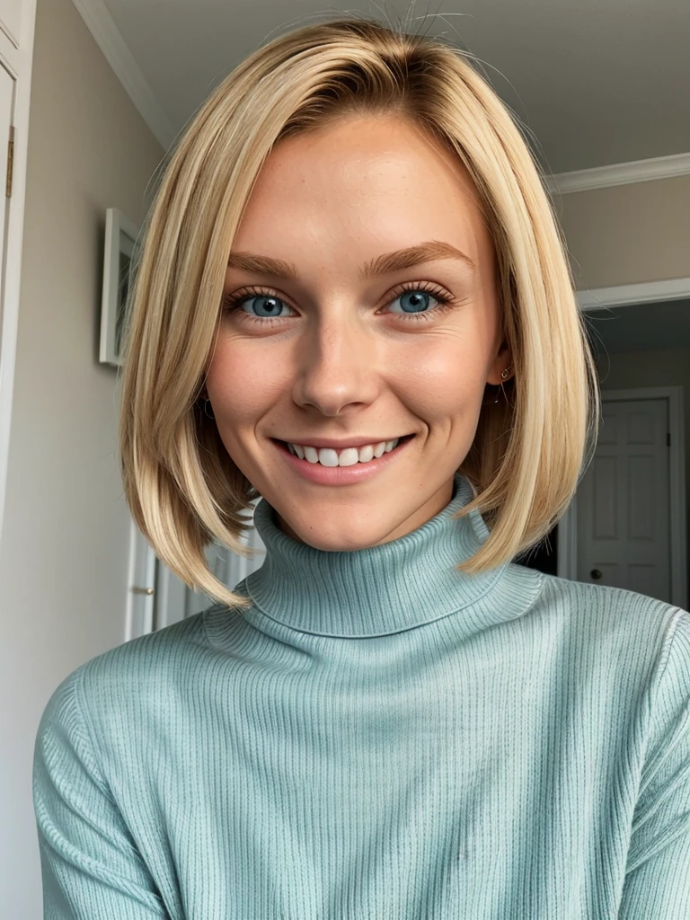 photo of a skinny blonde submissive wife, bob style hair, She wears: (turtleneck high ribbed bright tight sweater:1.1), submissive seductive pose, high tight ribbed neck, seductive smile, perfect fake tits, turtleneck top