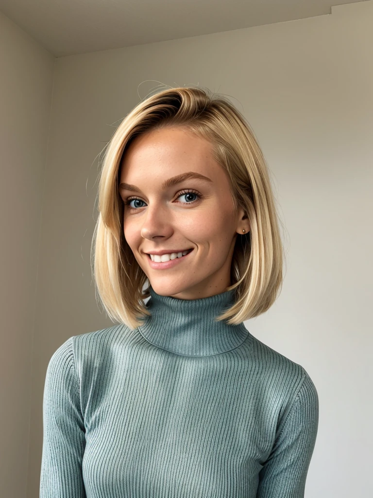 photo of a skinny blonde submissive wife, bob style hair, She wears: (turtleneck high ribbed bright tight sweater:1.1), submissive seductive pose, high tight ribbed neck, seductive smile, perfect fake tits, turtleneck top