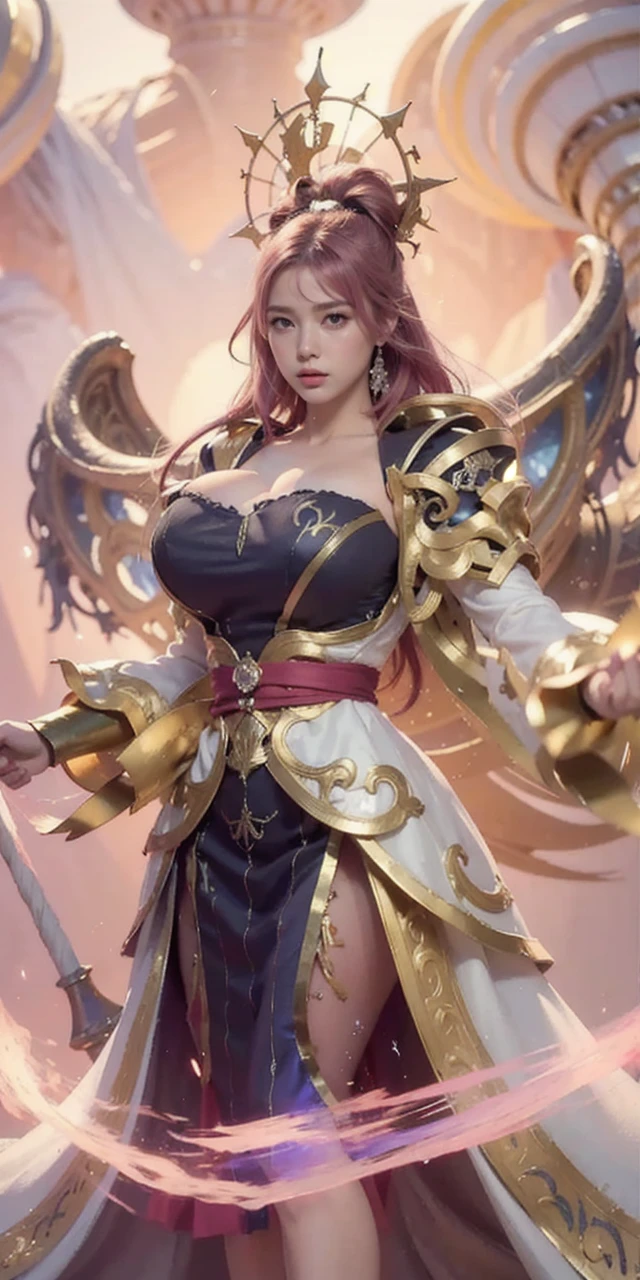 high quality,masterpiece,extremely detailed,high res,4k,ultra high res,detailed shadow,ultra realistic,realistic,dramatic lighting,1girl,solo,detailed face,realistic eyes,realistic skin,pink hair,dynamic pose, dynamic angle, white flowery dress, short hair cut,white background