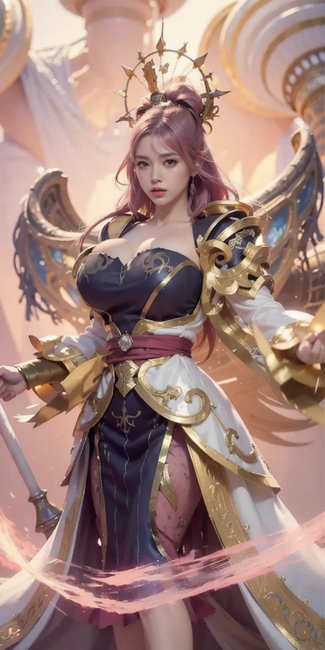 high quality,masterpiece,extremely detailed,high res,4k,ultra high res,detailed shadow,ultra realistic,realistic,dramatic lighting,1girl,solo,detailed face,realistic eyes,realistic skin,pink hair,dynamic pose, dynamic angle, white flowery dress, short hair cut,white background