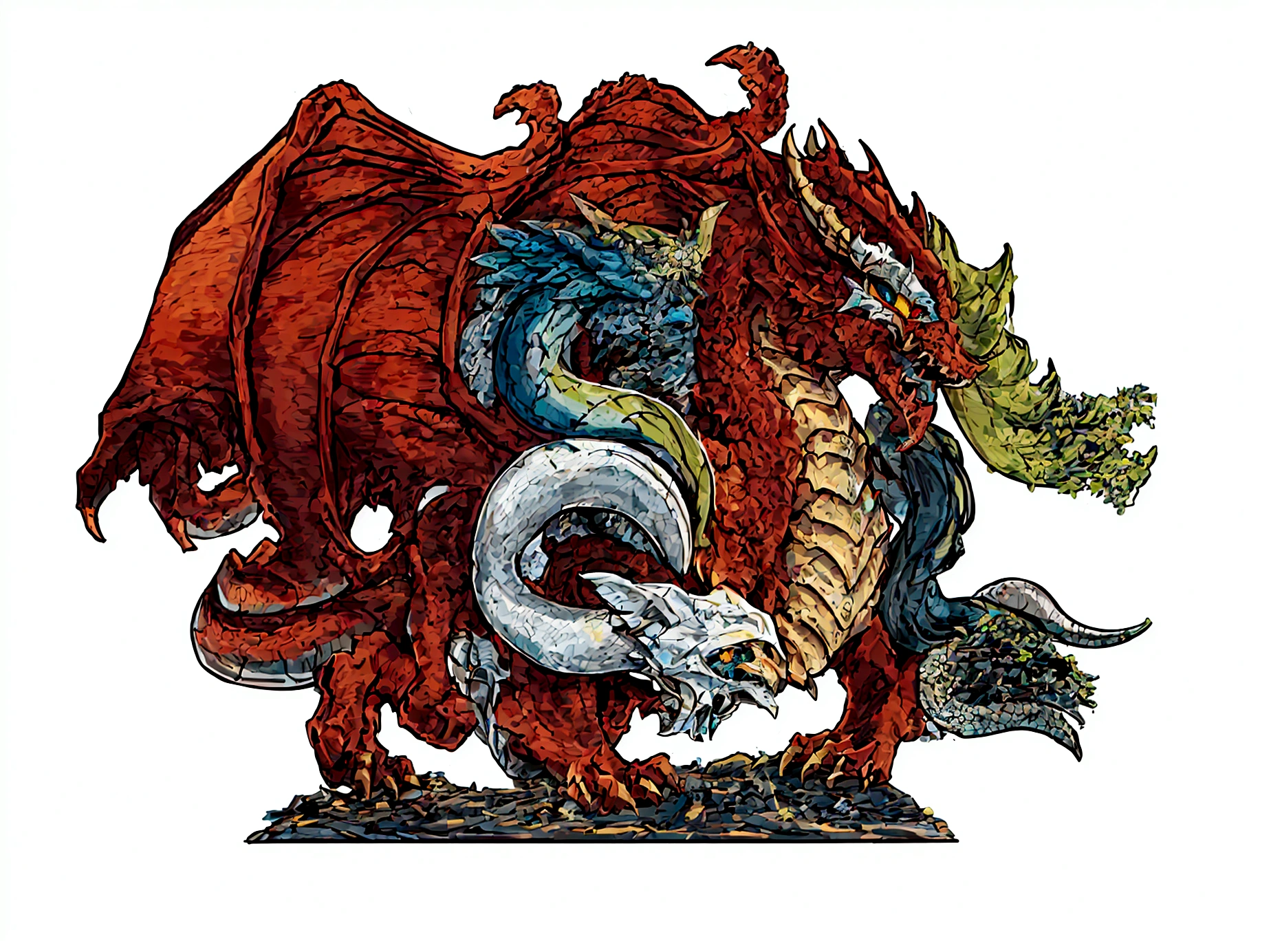 drawning, high qualiy, clear strokes, dragão rot com cinco cabeças, each head has a color: offwhite, cerulean, rot, green and black.