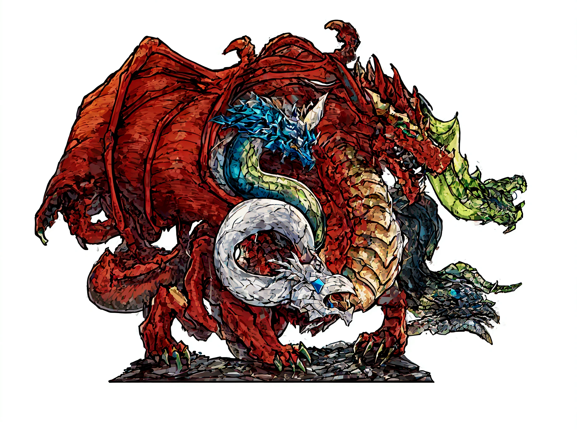drawning, high qualiy, clear strokes, dragão rot com cinco cabeças, each head has a color: offwhite, cerulean, rot, green and black.