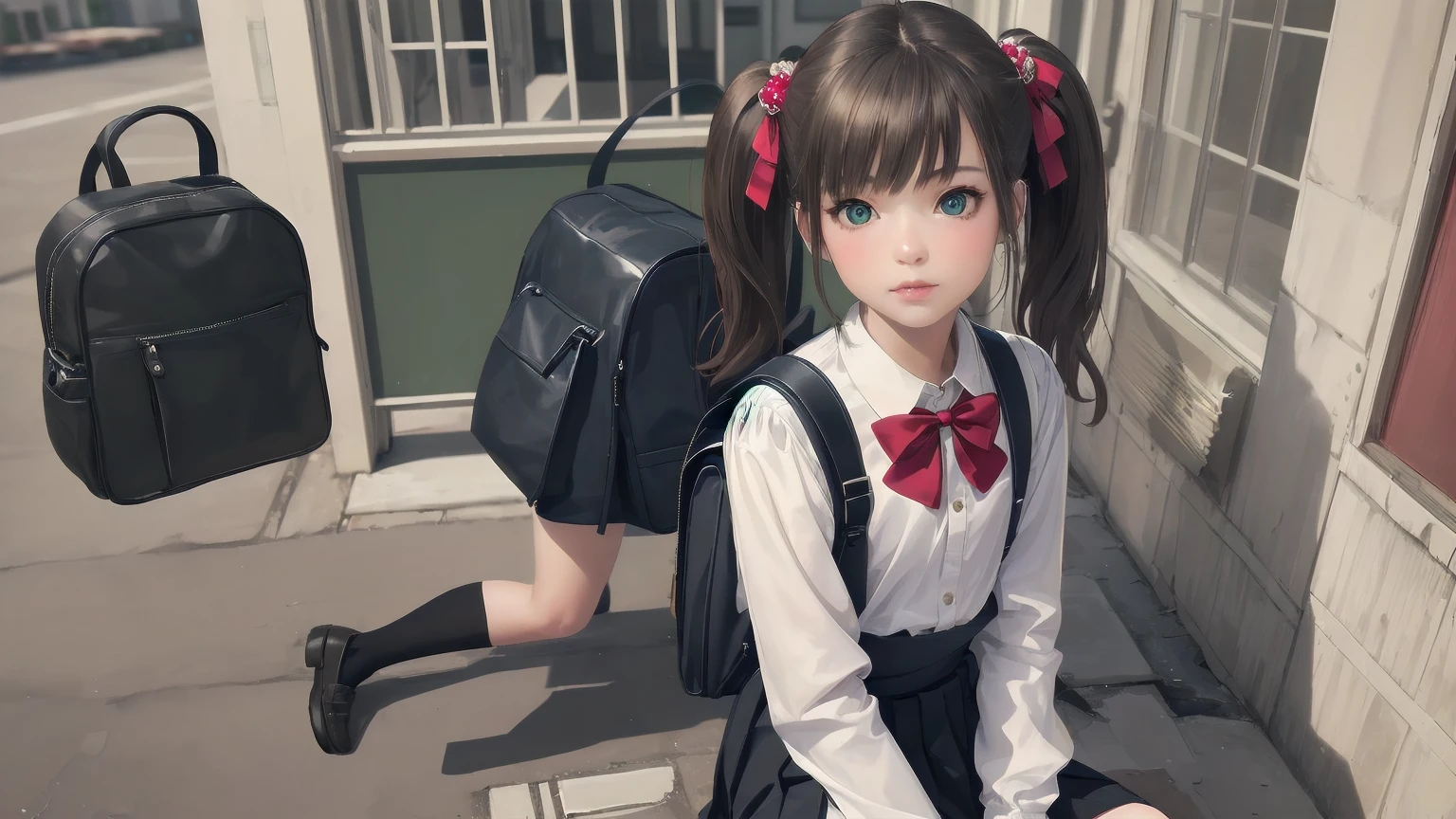 One girl,Highest quality,Super detailed,High resolution,(photoRealistic, Realistic, photo-Realistic:1.2),(9,Flat Chest),bangs,(smile:0.3),,shigure ui (virtual),Dilapidated,,Backpack,bag,bangs,Black Dress,Black footwear,blush,Pompom hair ornament,Collared shirt,Green Eyes,Knee-high,Light brown hair,loafers,Long sleeve,Apron dress,Pleated dress,school bag,Red Bow,,Sleeveless dress,Twin tails,White legwear,White shirt,anime