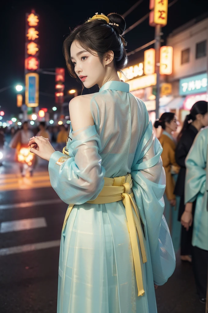 (((best quality))),(((ultra detailed))),(((masterpiece))),illustration,1girl,bun hair,(see through gauze hanbok:1.3),collar,slim,laughing, summer night,Korean city scape, street, neon signs, beautiful, vibrant, detailed facial features,medium hair, elegance, cultural atmosphere, bustling city,tall buildings full of colorful advertisements, reflections, lively atmosphere, street food aroma,upper body,from back,(shoulder off,bare back,towering hips,butt crack)