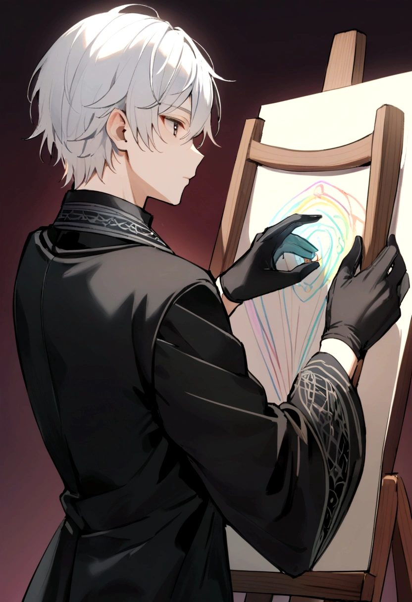 1male, looks like teen, 5,8 tall, Bard, Black outfit ,Black robe blazer, Magical aura, holding a lyre, Messy White hair with black stripes, using artist hand gloves for drawing