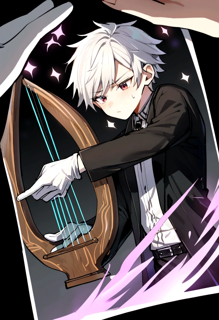 1male, looks like , 5,8 tall, Bard, Black outfit ,Black robe blazer, Magical aura, holding a lyre, Messy White hair with black stripes, using artist hand gloves for drawing