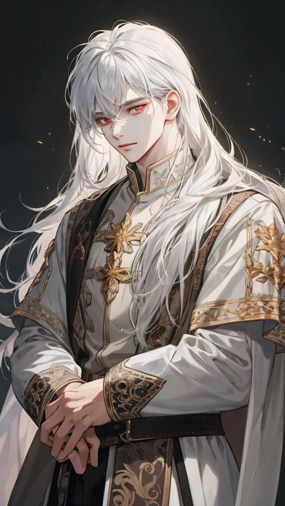 (extreamly delicate and beautiful:1.2), 8K,(шедевр:1.0),(best_quality:1.0), 1boy, and intricate detailing, Enlarged textures, and intricate detailing, finely eye and detailed face, and intricate detailing, white medieval outfit, ruinscape background, (closed mouths),long white hair, Perfect eyes, red eyes, Equal eyes, (A male god)