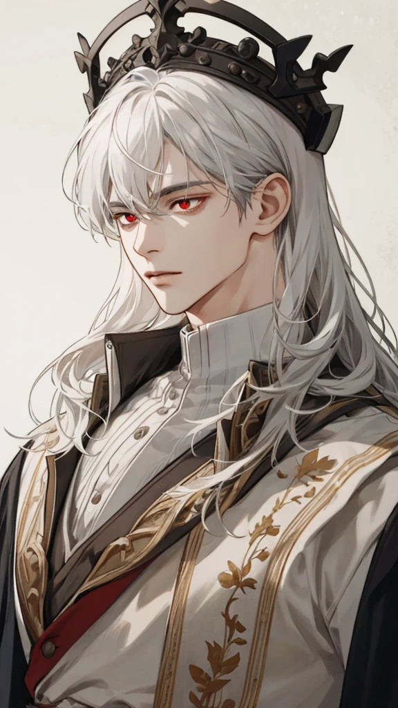 (extreamly delicate and beautiful:1.2), 8K,(шедевр:1.0),(best_quality:1.0), 1boy, and intricate detailing, Enlarged textures, and intricate detailing, finely eye and detailed face, and intricate detailing, white medieval outfit, ruinscape background, (closed mouths),long white hair, Perfect eyes, red eyes, Equal eyes, (A male god)