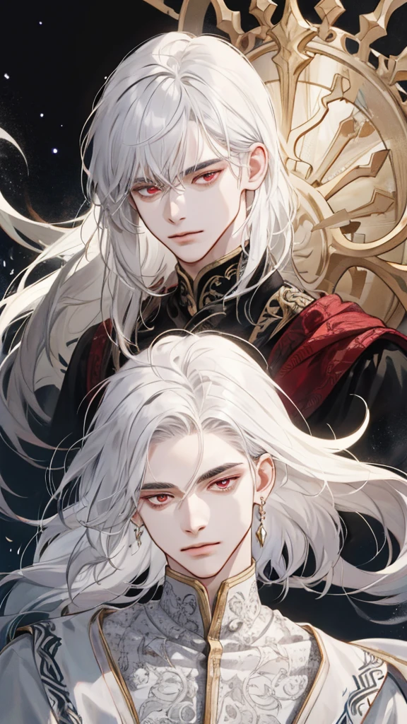 (extreamly delicate and beautiful:1.2), 8K,(шедевр:1.0),(best_quality:1.0), 1boy, and intricate detailing, Enlarged textures, and intricate detailing, finely eye and detailed face, and intricate detailing, white medieval outfit, ruinscape background, (closed mouths),long white hair, Perfect eyes, red eyes, Equal eyes, (A male god)