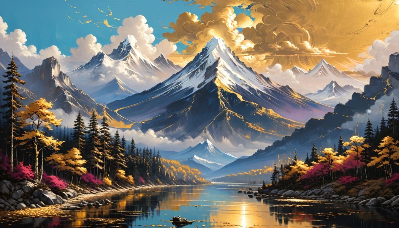 Gold leaf art, Alena Aenami, (masterpiece, Highest quality, Professional, Perfect composition, so beautiful, Absurd, Super detailed, Intricate details:1.3)、Fuji Mountain