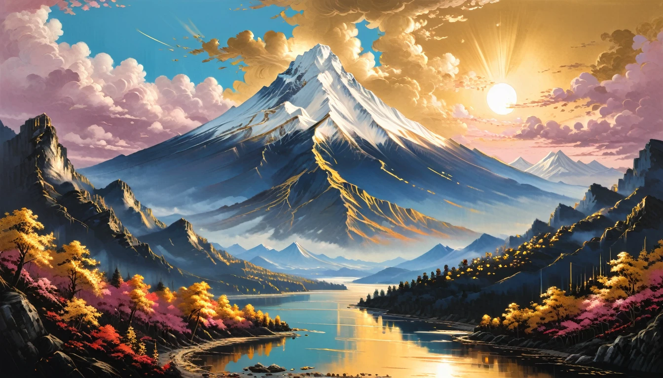 Gold leaf art, Alena Aenami, (masterpiece, Highest quality, Professional, Perfect composition, so beautiful, Absurd, Super detailed, Intricate details:1.3)、Fuji Mountain