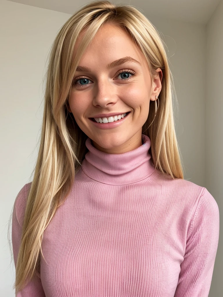 photo of a skinny blonde homewrecker, She wears: (turtleneck high ribbed pink tight sweater:1.1), submissive seductive pose, high tight ribbed neck, seductive smile, perfect fake tits, turtleneck top