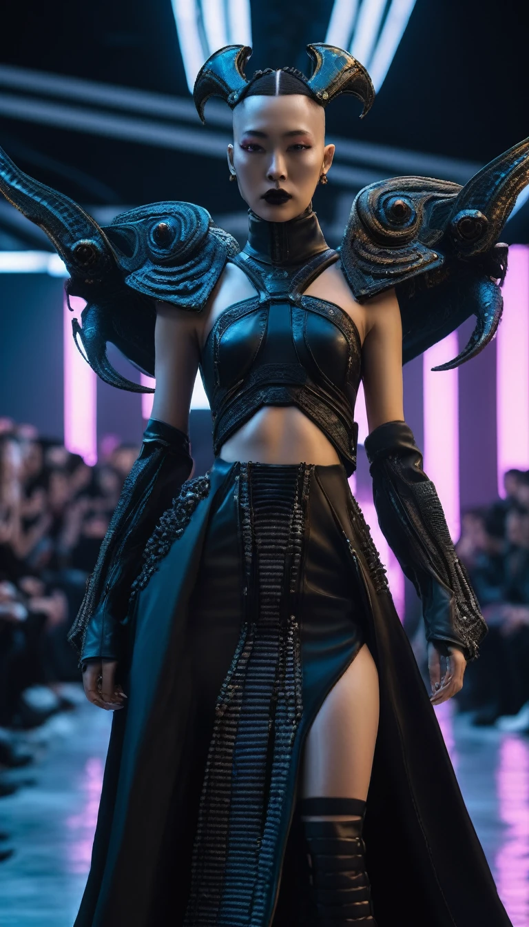 A fashion runway for alien technology , Cyberpunk fashion photography , Inspired by Chinese Xianxia and dark gothic,The fallen god of Greek mythology,(Best quality,4K,8K,A high resolution,Masterpiece:1.2), (Realistic,Photorealistic,photo-realistic:1.37).