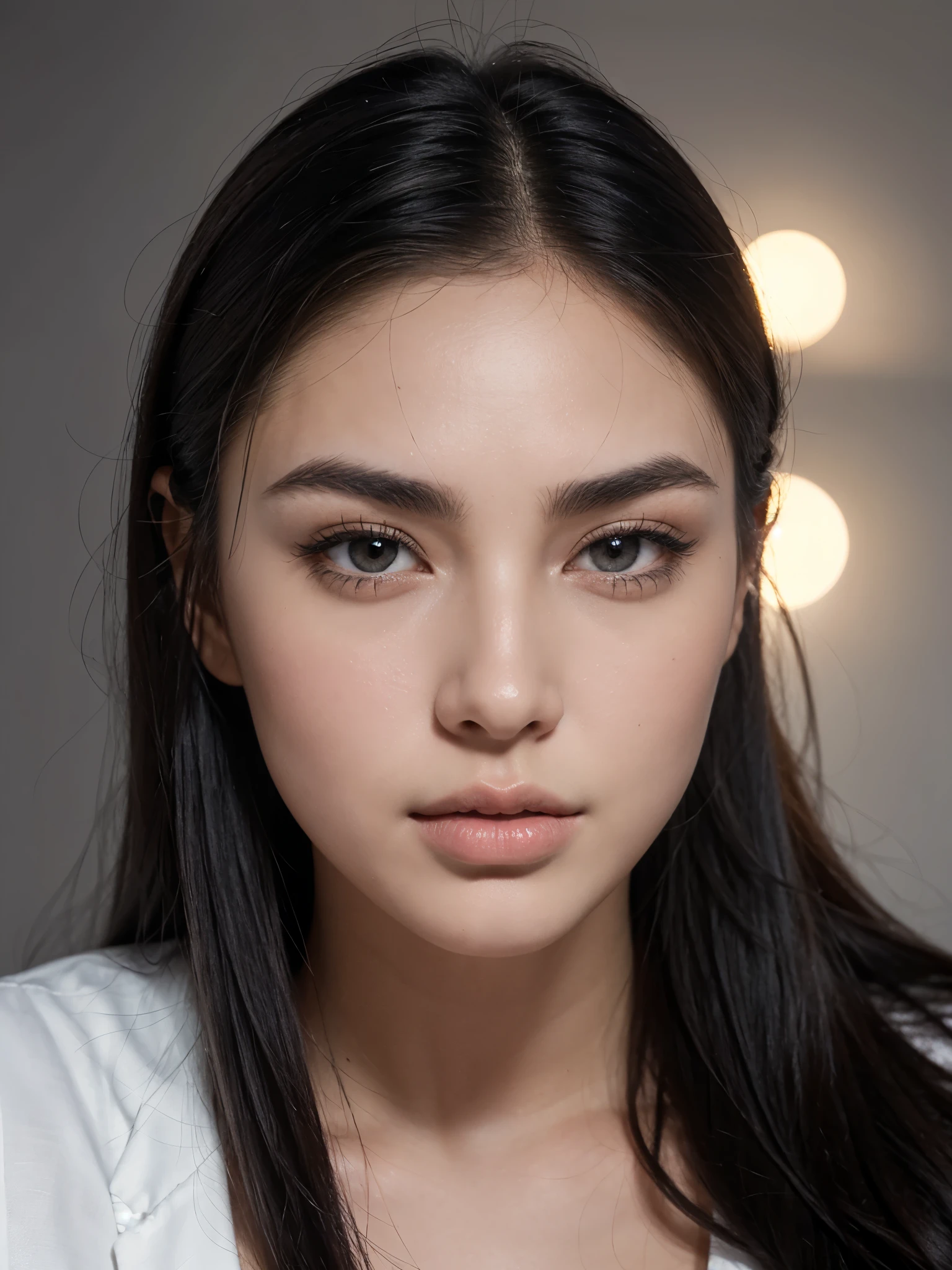 a young and attractive woman,blue gray mixture misty eyes,deep gaze,straight eyebrows,a straight nose,plump peach-toned lips (the lower lip is slightly thicker than the upper lip),a pronounced and strong jawline, high cheekbones, tufts of black hair surrounding a beautiful face,smooth white skin, a detailed face, the light of a huge moon in a dark sky