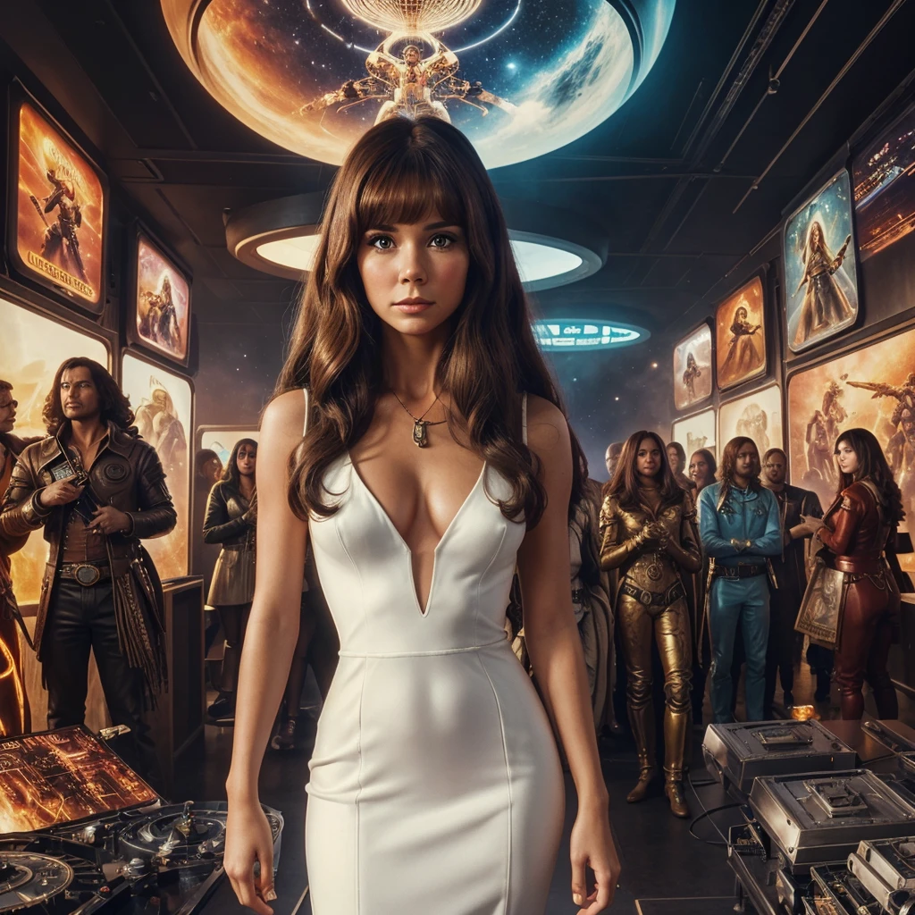 arafed image of a woman in a white dress standing in front of a group of people, 7 0 s sci - fi art, attractive brown hair woman, still frame from a movie, hypermaximalist, promotional render, by Menez, cosmic bjork, steam punk, velma, mars attacks, circa 1970, cp2077  