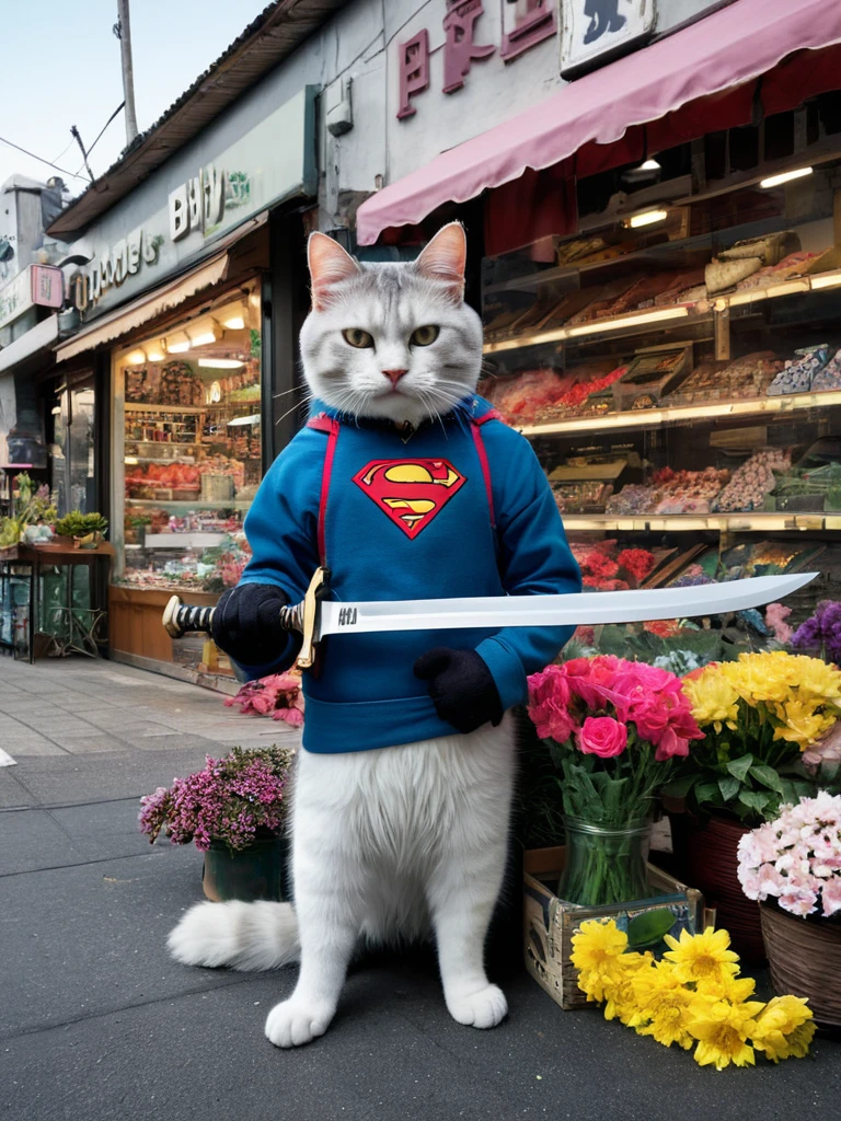Hyperrealism Art、 (傑作photograph:1.3) of (Super detailed:1.3) Cat,Holding a sword,In front of Flower shop,(Artist: Butcher Billy:1.3),Very detailed,(Vorticism Art:1.3),(Supersaturation:1.3) . 非常に高解像度of詳細, photograph, Realism pushed to the limit, Fine texture, Incredibly realistic