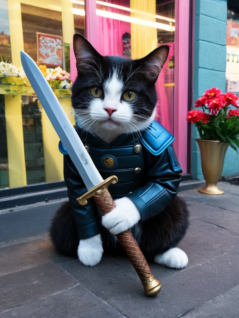 Hyperrealism Art、 (傑作photograph:1.3) of (Super detailed:1.3) Cat,Holding a sword,In front of Flower shop,(Artist: Butcher Billy:1.3),Very detailed,(Vorticism Art:1.3),(Supersaturation:1.3) . 非常に高解像度of詳細, photograph, Realism pushed to the limit, Fine texture, Incredibly realistic