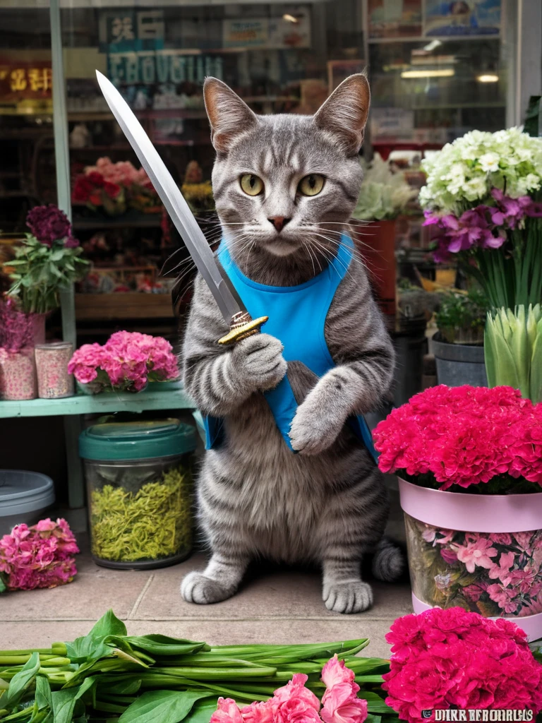 Hyperrealism Art、 (傑作photograph:1.3) of (Super detailed:1.3) Cat,Holding a sword,In front of Flower shop,(Artist: Butcher Billy:1.3),Very detailed,(Vorticism Art:1.3),(Supersaturation:1.3) . 非常に高解像度of詳細, photograph, Realism pushed to the limit, Fine texture, Incredibly realistic