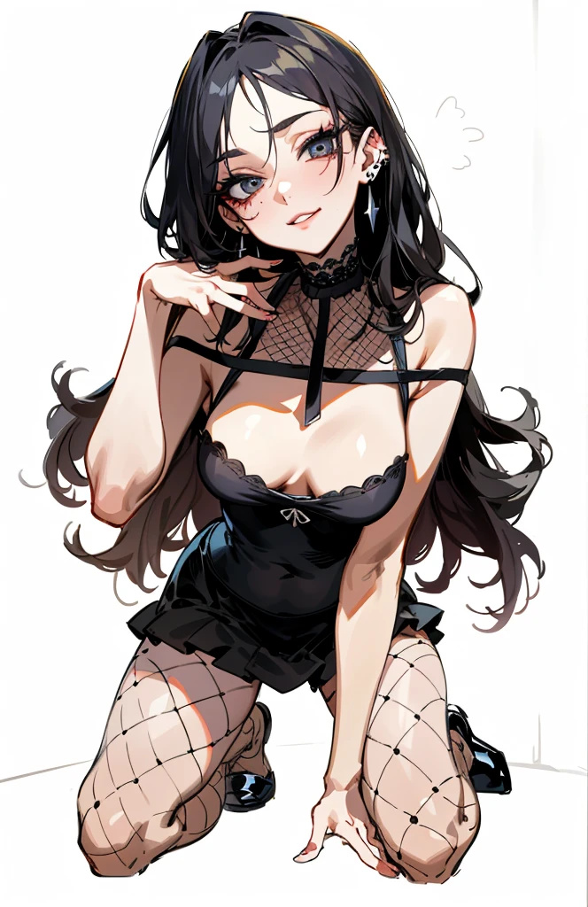 （best quality，masterpiece：1.2，detailed details，4k），A dim old apartment, a small birthday cake on an old wooden table, a modern apartment, an alarm clock on the wall, an anime scene,
A girl with modern gothic makeup, fair skin, modern clothes, black eyeshadow, a tank top, a  body, earrings and lip studs, fishnet stockings, posing in an attractive pose, kneeling on the wooden floor, a loving expression
Upward shot