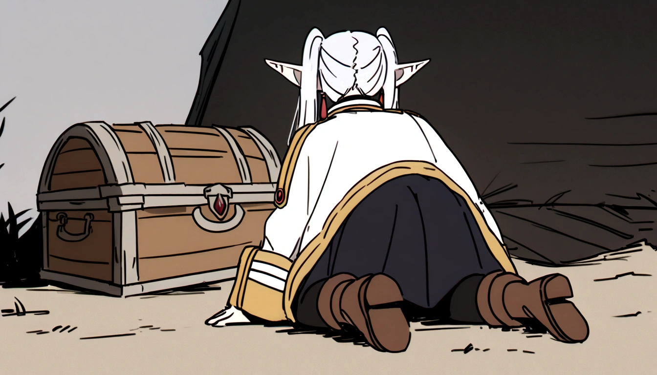 nereirfpnxl, frieren, pointy ears, 1girl, twintails, white hair, black pantyhose, boots, brown footwear, white jacket, , , mimic chest made of wood,