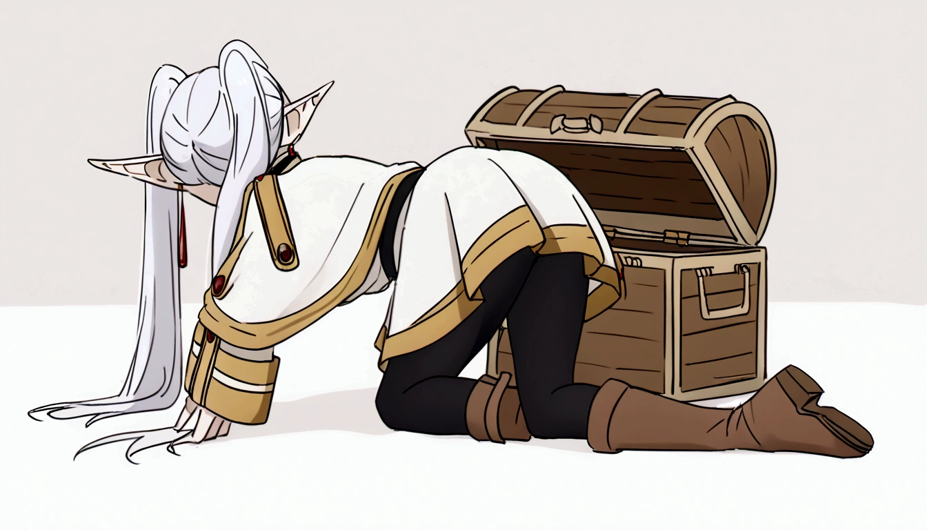 nereirfpnxl, frieren, pointy ears, 1girl, twintails, white hair, black pantyhose, boots, brown footwear, white jacket, all fours, from behind, mimic chest made of wood,