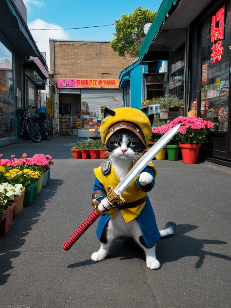 Hyperrealism Art、 (傑作photograph:1.3) of (Super detailed:1.3) Cat,Holding a sword,In front of Flower shop,(Artist: Butcher Billy:1.3),Very detailed,(Vorticism Art:1.3),(Supersaturation:1.3) . 非常に高解像度of詳細, photograph, Realism pushed to the limit, Fine texture, Incredibly realistic