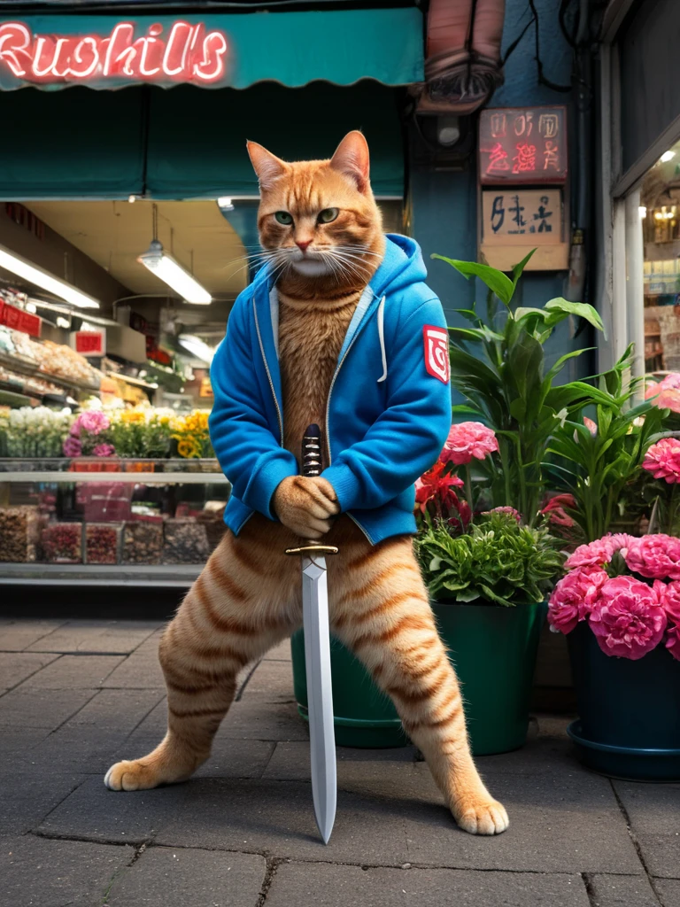 Hyperrealism Art、 (傑作photograph:1.3) of (Super detailed:1.3) Cat,Holding a sword,In front of Flower shop,(Artist: Butcher Billy:1.3),Very detailed,(Vorticism Art:1.3),(Supersaturation:1.3) . 非常に高解像度of詳細, photograph, Realism pushed to the limit, Fine texture, Incredibly realistic