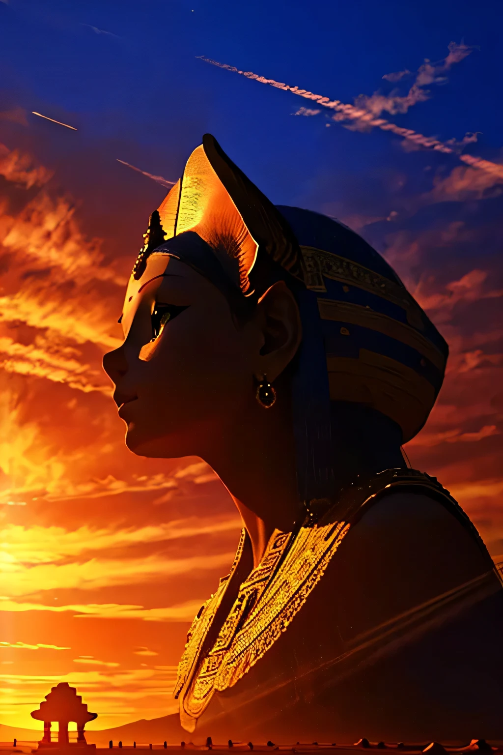 Masterpiece, (top quality), ultra high resolution, beautiful, visually stunning, elegant, stunning detail, award-winning art, G0S1, mystical, sphinx, looming, desert, sunlight intense
