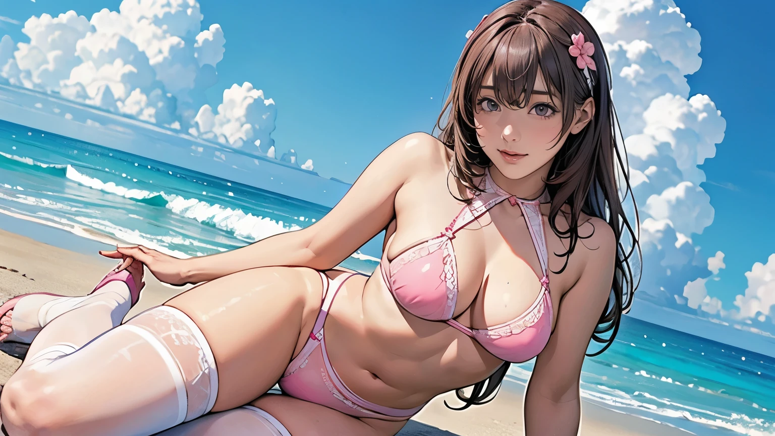 Ultra HD、super high quality、masterpiece、detailed、8K、The location is the beach、The Sunshine、Flowing Clouds、Calm waves、A 15-year-old high school girl is sweating、The high school girl is Russian and has long pink hair.、Have pink eyes、She has a flower tattoo and a glamorous figure.、She is wearing a cute pink bikini with frills.、White lace stocking on the left leg only、Pretty sexy