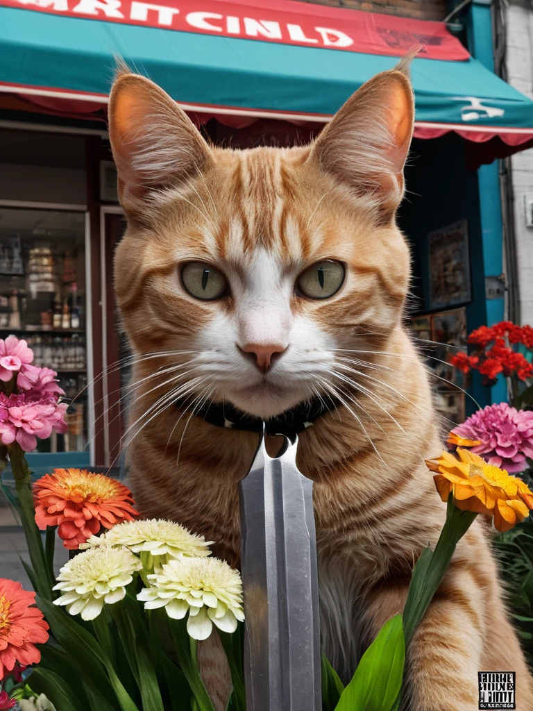 Hyperrealism Art、 (傑作photograph:1.3) of (Super detailed:1.3) Cat,Holding a sword,In front of Flower shop,(Artist: Butcher Billy:1.3),Very detailed,(Vorticism Art:1.3),(Supersaturation:1.3) . 非常に高解像度of詳細, photograph, Realism pushed to the limit, Fine texture, Incredibly realistic